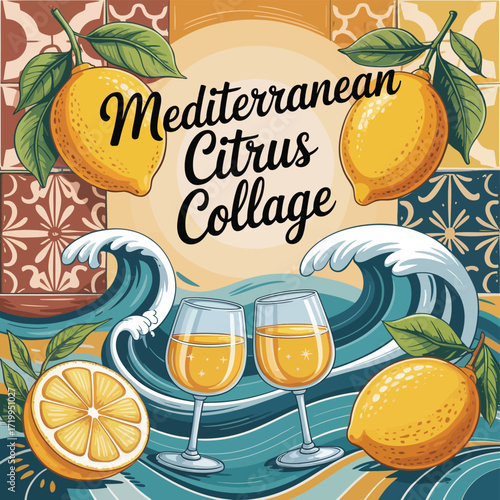 Vector illustration of a fresh citrus juice cocktail with orange, lemon, and lime fruits, leaves, and a slice of ripe organic apple