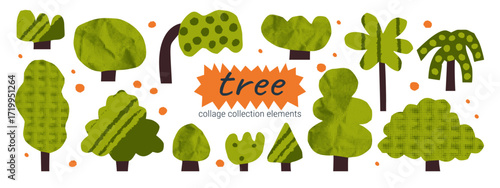 Simple and cute childish collage with a tree, plant, and icon for an abstract forest or garden.