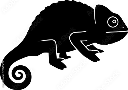 Chameleon silhouette on branch with curled tail spiral eye and textured skin reptile lizard