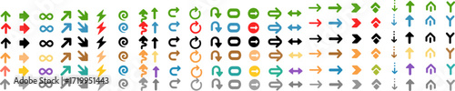 Collection of colorful arrows and symbols, arranged in rows and columns, design elements.