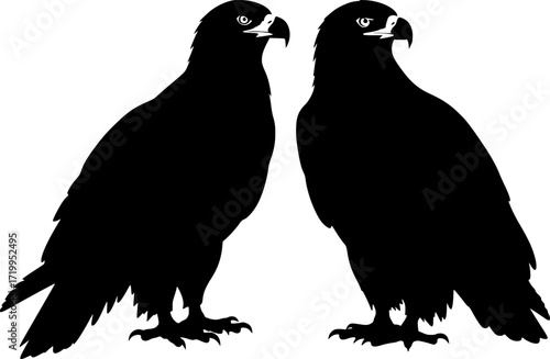 Two eagle silhouettes perched side by side with curved beaks and detailed feathers raptor birds design elements collection