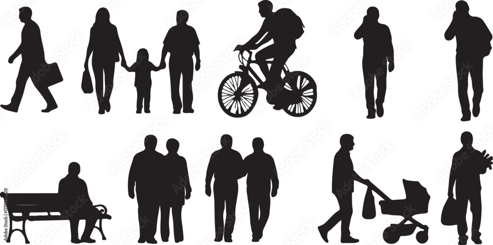 Obraz premium Group of People Silhouettes – Vector Illustration of Human Figures in Crowd, Families, Friends, Teams, and Business Groups Standing, Walking, Talking, and Celebrating Together