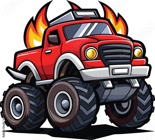 Fiery Red Monster Truck Huge Tires Flames