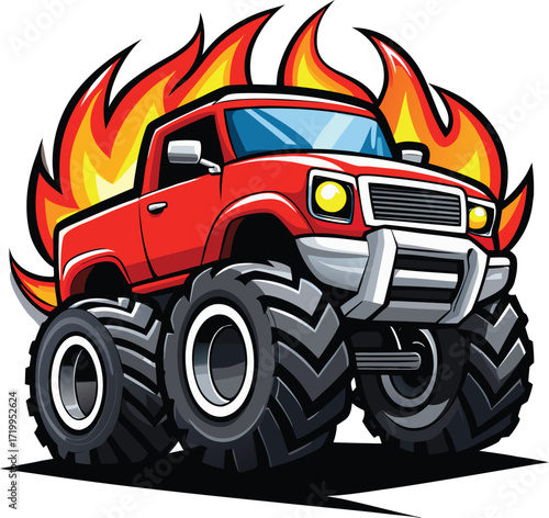 Fiery Monster Truck Huge Tires Red Body Flames
