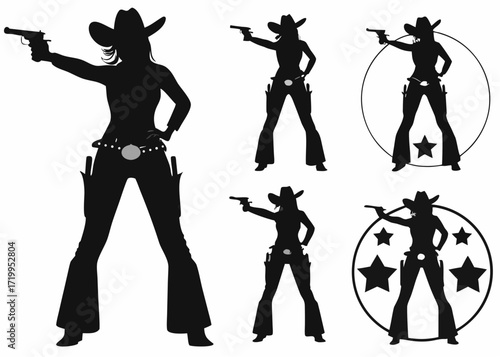 Dynamic cowgirl silhouettes with guns, exuding confidence and Western spirit for modern designs and projects