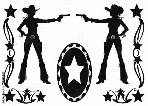 Dynamic cowgirls in silhouette with guns drawn, exuding Western power and thrilling action for adventurous designs