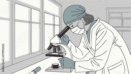 Focused Female Scientist in Lab Coat and Mask Examining Samples with Microscope in Laboratory Illustration