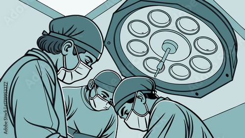 Illustration of a surgical team performing an operation in a sterile operating room, illuminated by a large surgical lamp, depicting focused medica...