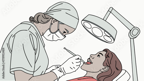 Professional Female Dentist Performing Oral Examination on Patient in Dental Clinic - Healthcare and Oral Hygiene Illustration