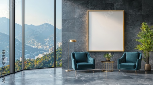 Modern office lounge with white frame artwork and stunning mountain view windows