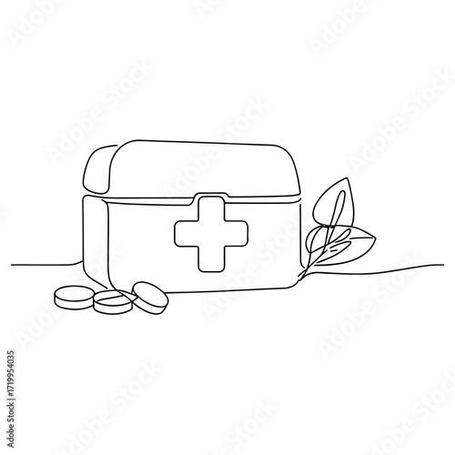 Minimalist line art of first aid kit with leaves and pills  