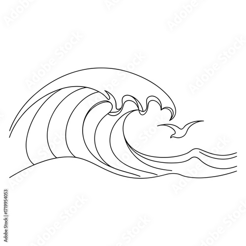 Abstract line art of a wave with bird in minimalist style  