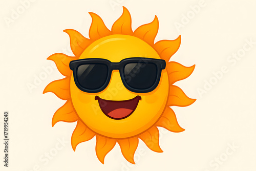 Smiling sun emoji wearing cool black sunglasses on light background, cheerful summer cartoon illustration symbolizing warmth happiness fun and playful energy for creative design concept and expressive