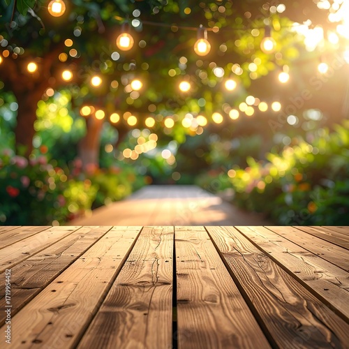 Outdoor garden scene with wooden table