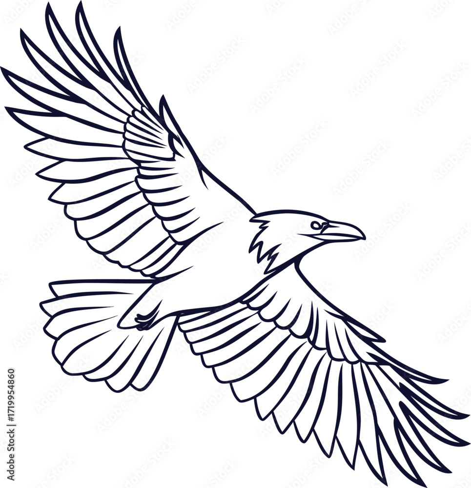 Obraz premium Stylized dark blue outline of a raven in flight with wings spread wide