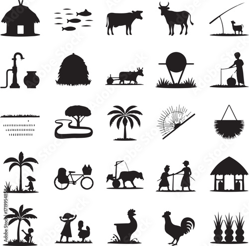 Collection of rural and agricultural icons in silhouette style