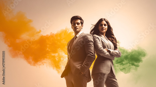 Confident Indian Business Couple in Front of National Flag with Saffron, White, and Green Trails – Patriotic Republic Day Empowerment Scene