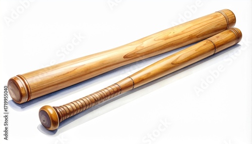 Wooden baseball bat with visible grain and engraved rings on white—diagonal placement and polished finish evoke craftsmanship, tradition, and kinetic potential in minimalist sports equipment compositi