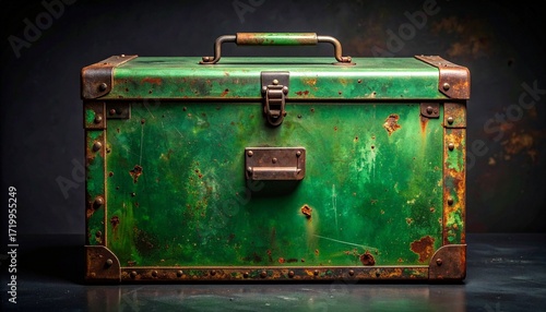 Vintage green metal trunk with rusted brackets, engraved latches, and worn surface—aged craftsmanship evokes travel, memory, and resilience in minimalist industrial heritage composition.