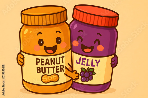 Cute peanut butter and jelly cartoon jars hugging each other, adorable friendship illustration, sweet breakfast food character design, fun vector art concept symbolizing love, unity, and happiness