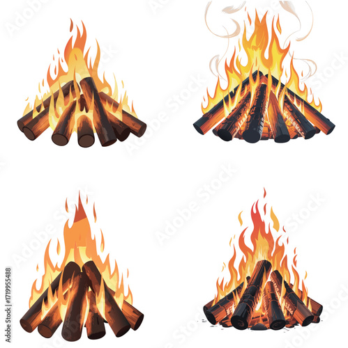 A vector illustration of a set of fiery hot flames