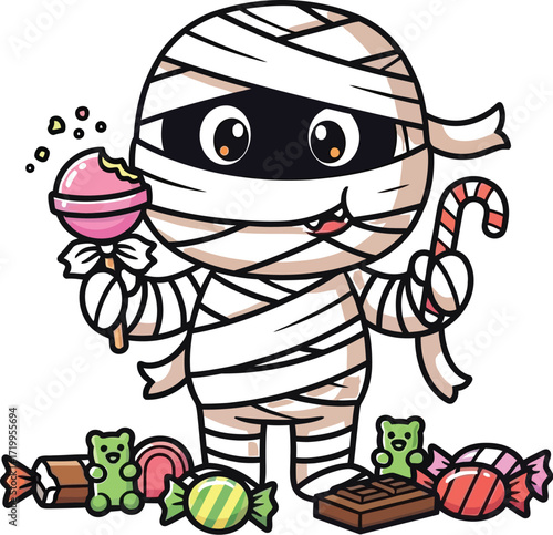 Cartoon mummy enjoys halloween candy with lollipop and cane