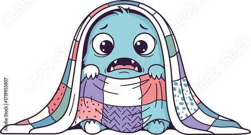 Scared blue monster hiding under a colorful patchwork quilt