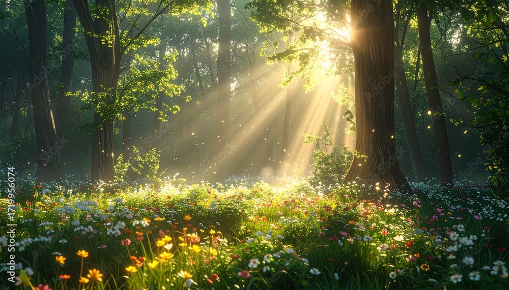 Fototapeta premium A magical spring forest scene with golden sunlight streaming through trees, perfect for nature themes, wellness, relaxation, and inspirational designs.