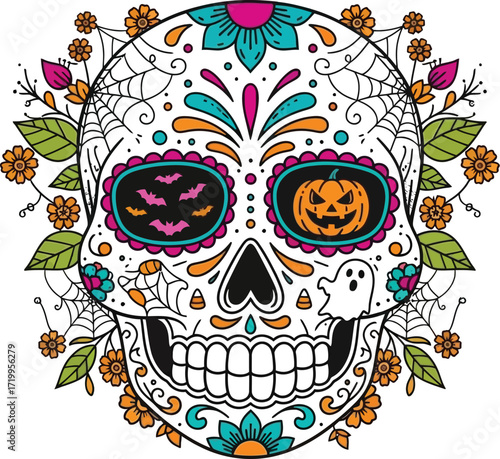 Colorful sugar skull with halloween elements and floral art