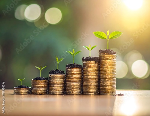 Stacks of gold coins with growing plants, symbolizing financial growth