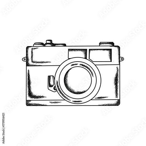 Vintage camera illustration, hand-drawn sketch, black and white.