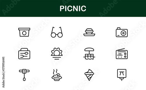 Flat and Outline Picnic Icons Set. Includes baskets, blankets, drinks, fruits, and food items in a clean modern style for outdoor lifestyle and leisure projects.