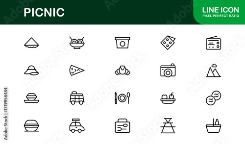 Minimal Picnic Icons Set. Clean, simple icons of drinks, picnic baskets, fruits, and sandwiches designed for mobile apps, websites, and outdoor leisure projects.
