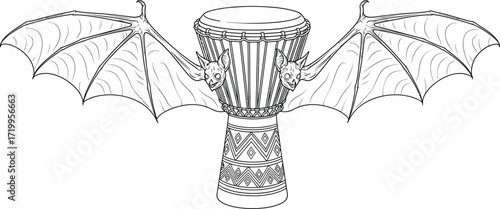 Line art of a fantasy drum with bat wings and bat heads