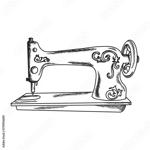 Vintage Sewing Machine Sketch Illustration.