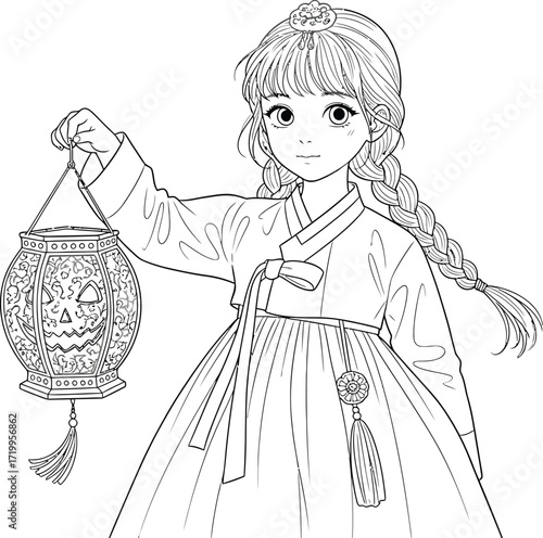 Girl in hanbok holds a halloween lantern coloring page art