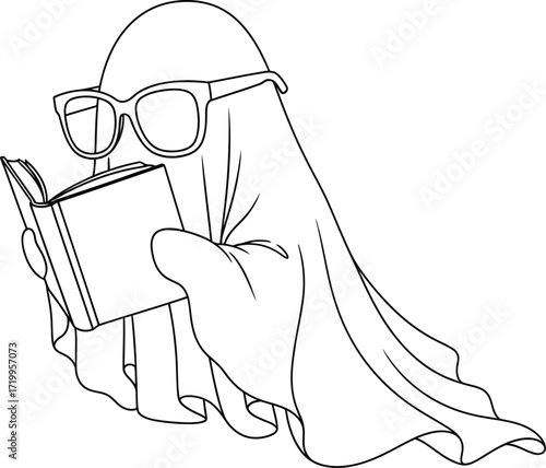 Ghost with glasses reading a book line art illustration
