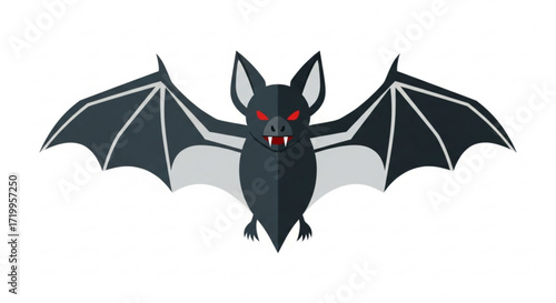 A menacing bat with red eyes and sharp fangs spreads its wings, a creature of the night, , ready to take flight in the darkness