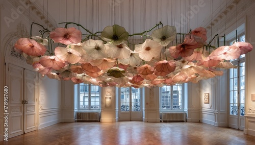 A large-scale floral installation of delicate, light-catching blossoms hangs suspended from the high ceiling of a spacious, elegant room.