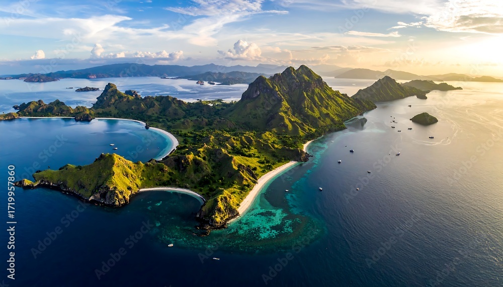Fototapeta premium Aerial vista of a remote, tropical island with lush green hills, white sand beaches, and turquoise waters under a golden sky