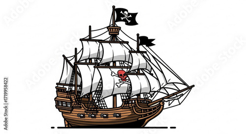 Illustration of a pirate ship with sails and skull flag, , evoking adventure, history, and maritime themes for creative projects
