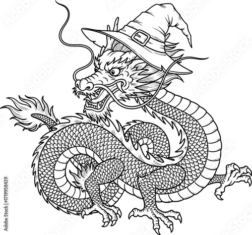 Dragon wearing a witch hat illustration on white background