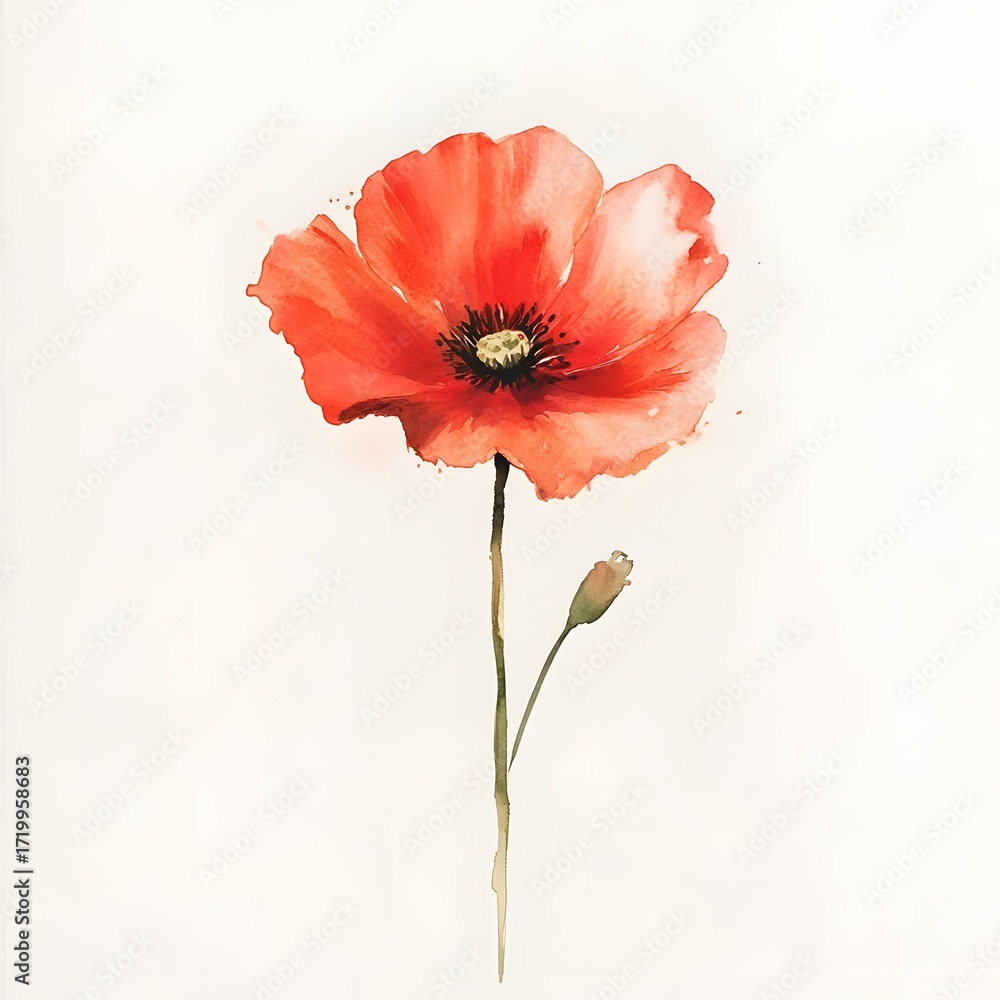 Obraz premium Minimalist watercolor poppy on stem, red flower with bud, white background illustration
