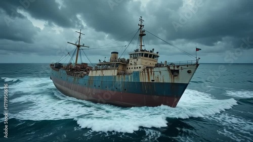 Old weathered cargo ship navigates rough seas under a dramatic stormy sky.