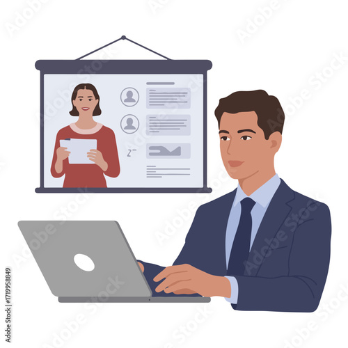 Man attending online meeting on laptop with presentation on screen