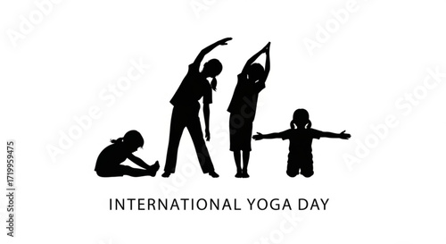 Silhouette of children practicing yoga poses, celebrating international yoga day with flexibility, balance, and mindfulness
