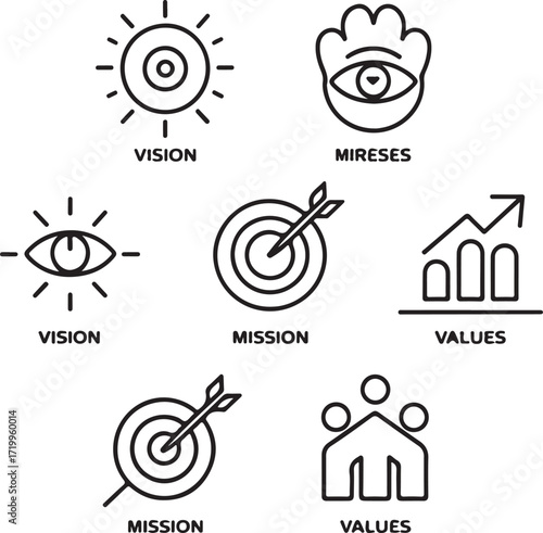 Business vision mission values goals icons set.