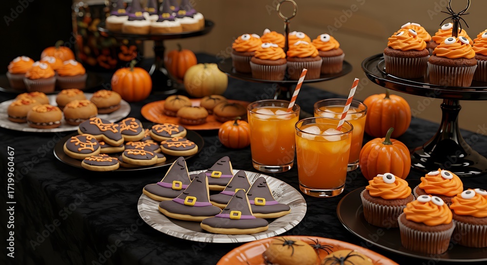 Fototapeta premium Abundant Halloween Dessert Buffet Table with Themed Cookies, Cupcakes, and Festive Drinks