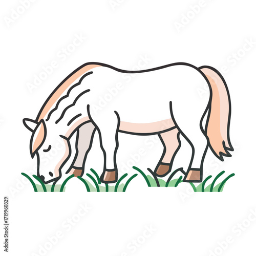 Cartoon white horse grazing on grass in a simple style with a white background 
