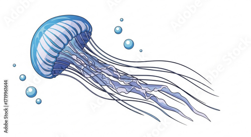 A serene cartoon jellyfish is floating gracefully, showcasing its translucent bell and trailing tentacles in blue hues
